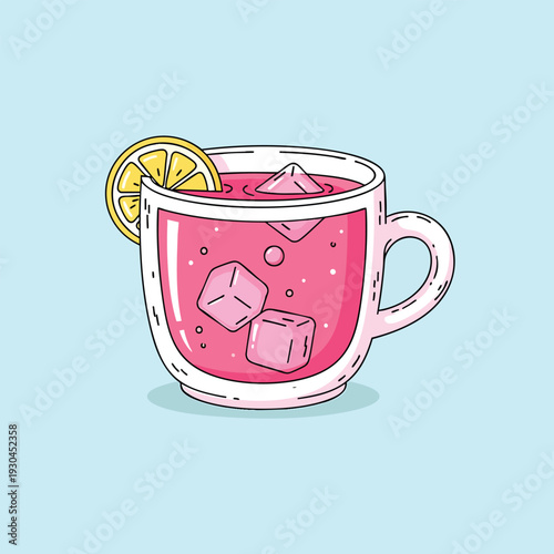 A cartoon illustration shows a pink drink with ice cubes in a white cup, garnished with a lemon slice, against a light blue backdrop