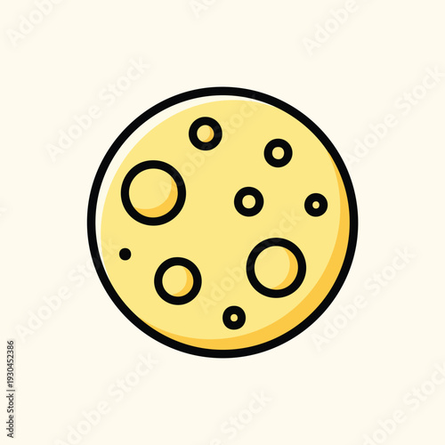A simple, cartoon illustration of a celestial body with a light yellow surface, black outline, and various-sized craters