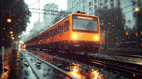Scenic Railway Journey Through a Rainy Urban Landscape with Vibrant Train Colors and Reflections