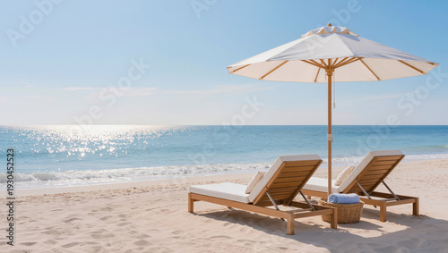 Luxury beach loungers with umbrella on sandy shore by blue ocean, serene summer vacation and seaside relaxation concept