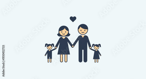 Happy family with two children standing together under a heart symbol on a light background