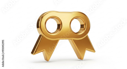 Golden award ribbon icon with two circular holes on white background symbolizing excellence and achievement
