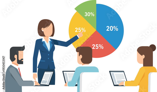 Female manager directs attention to segmented circle graph during a.