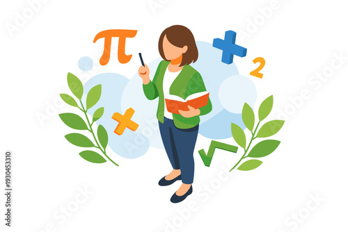 Woman teacher holding book and pointing with pen surrounded by math symbols.