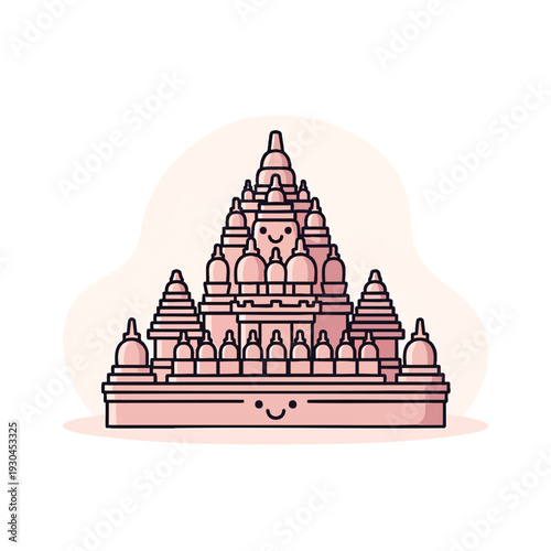 A whimsical, cartoon depiction of a tiered, temple-like structure with cute facial features, set against a soft blush background