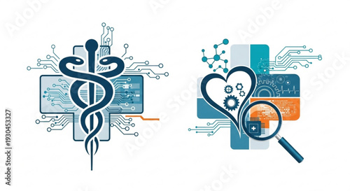 Medical technology and healthcare innovation concept with circuit board and heart symbols