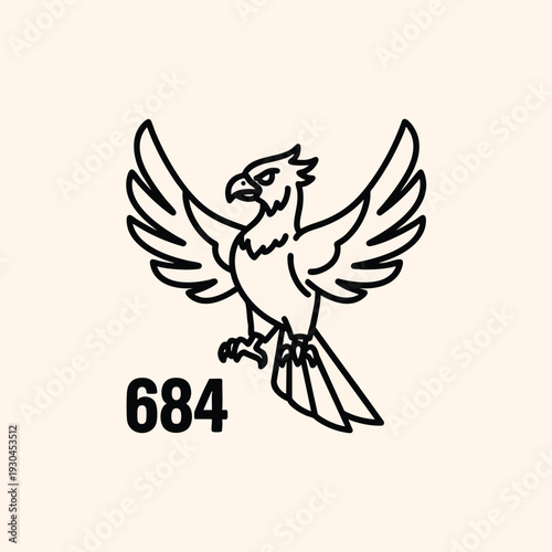 A black line drawing of a stylized bird of prey with wings spread, a serif font number at the bottom, all on a light beige backdrop