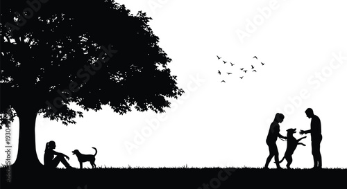 Black silhouette vector illustration of people and dogs enjoying leisurely activities in a public park.