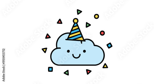 A cartoon cloud with a party hat and a smiling face, surrounded by confetti in various shapes and colors