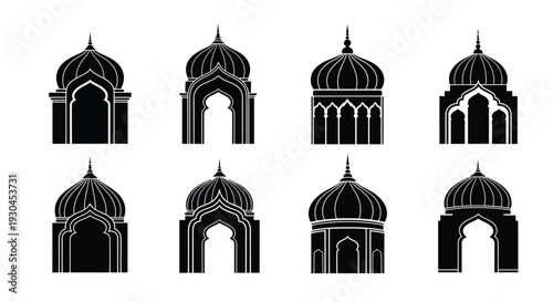Collection of elegant Islamic architecture vector illustrations featuring traditional domes and ornate arches.