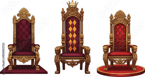 Royal golden throne chairs with red velvet upholstery luxurious antique furniture for king queen palace vector illustration set