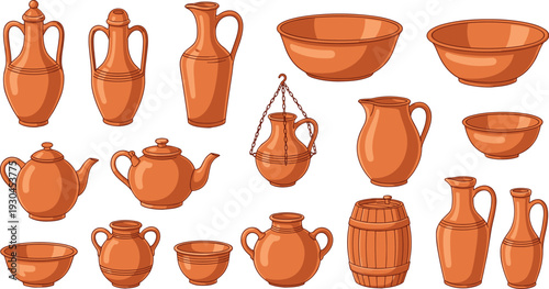 Traditional clay pottery collection with terracotta jugs vases bowls teapot barrel and ceramic kitchenware vector illustration set