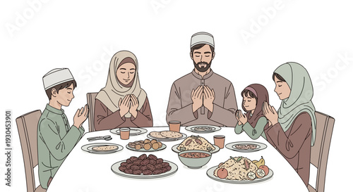 Family Gathering for Ramadan Meal Illustration.