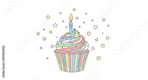 Colorful Cupcake with Candle and Stars.