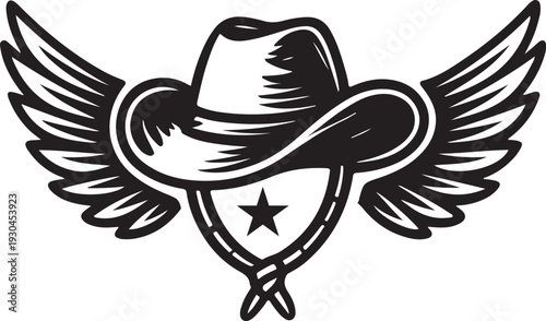 Western cowboy hat emblem with wings and star on a shield, vintage badge design