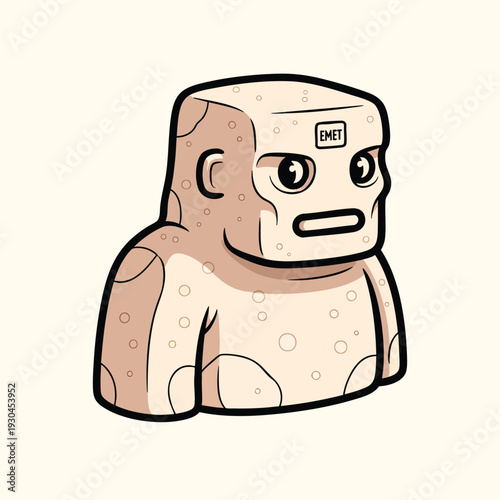 A cartoon character with a squared head and body, beige skin and black outline, with large eyes. The design features simple shapes