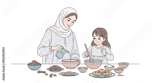Woman and Girl Cooking Together at Table.