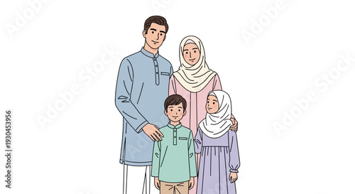 Family of Four Standing Together Illustration.