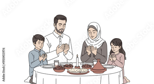 Family Praying Together at Dinner Table.