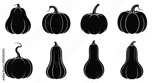 Collection of diverse black pumpkin and squash vector silhouettes perfect for autumn and halloween designs