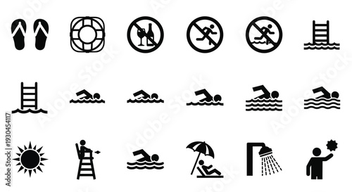 Comprehensive collection of swimming pool and beach activity safety vector graphic icons illustration