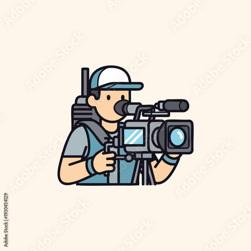 Illustration of a cameraman operating a video camera on a tripod. The man wears a cap, and carries a pack. Beige backdrop