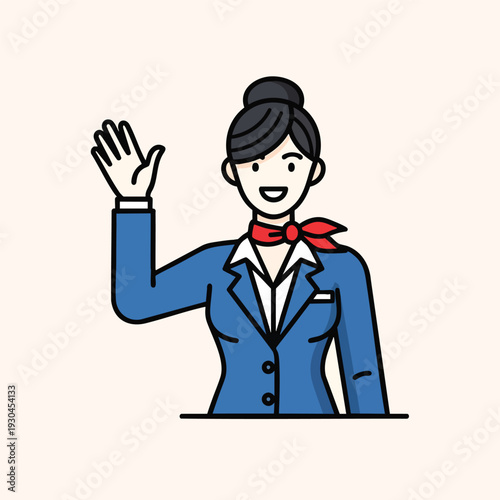 Illustration of a woman in a blue suit, red scarf, hair bun and white shirt, waving. Simple design with black outlines