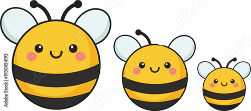 Cute kawaii bee characters set with smiling faces flying honey insect cartoon vector illustration collection