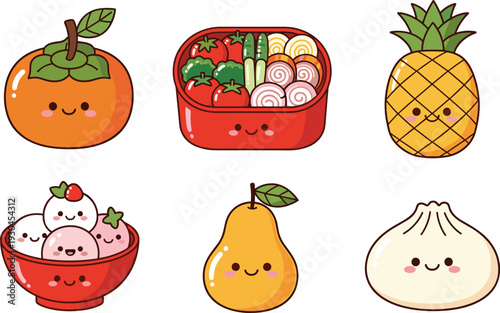 Cute kawaii food characters set with sushi rice bowl fruits and dumpling cartoon vector illustration