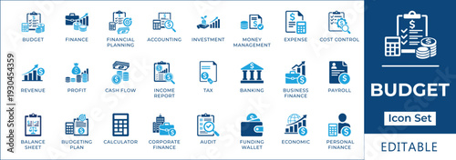 Budget and financial planning icon set featuring expense tracking, cost control, revenue analysis, personal finance, tax accounting, and corporate budgeting strategy symbols.