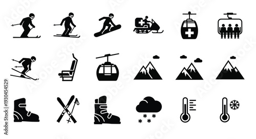 Collection of black and white vector icons representing various winter sports and mountain resort activities equipment