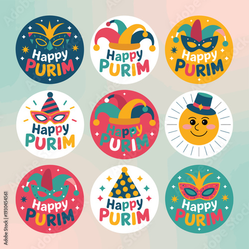 Nine colorful round stickers with Happy Purim messages and festive
