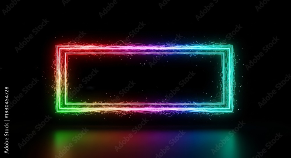Fototapeta premium Vibrant RGB Neon Energy Rectangle Glowing in Red Green Blue Gradients with Floating Digital Sparks, Symmetrical Front Facing Rectangular Design, Dynamic Luminous Filaments
