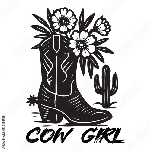 Cowgirl Boot with Flowers and Cactus Black and White Illustration
