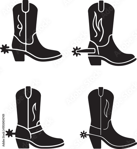 Set of Cowboy Boots and Spurs Vector Icons Black and White