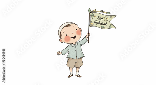 Young boy holding a flag happily standing.