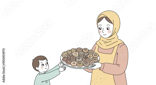 Woman and Child Holding Plate of Cookies.