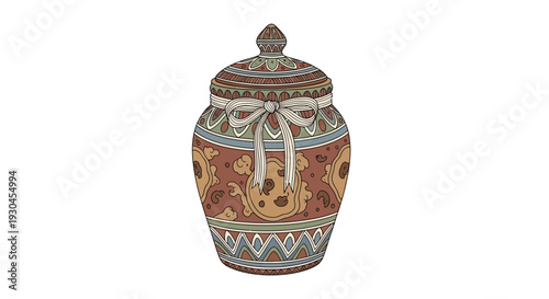 Ornate Ceramic Jar with Lid and Ribbon.