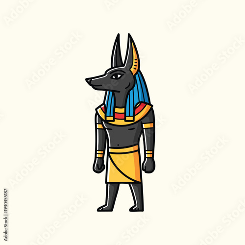 A standing anthropomorphic figure with a jackal head, dark skin, and stylized blue and gold headdress and details, on a beige background