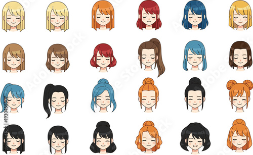 Female avatar faces collection with diverse hairstyles and hair colors flat character portraits for user profile vector set