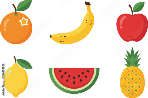 Fresh fruit vector collection with orange banana apple lemon watermelon slice and pineapple flat style illustration set