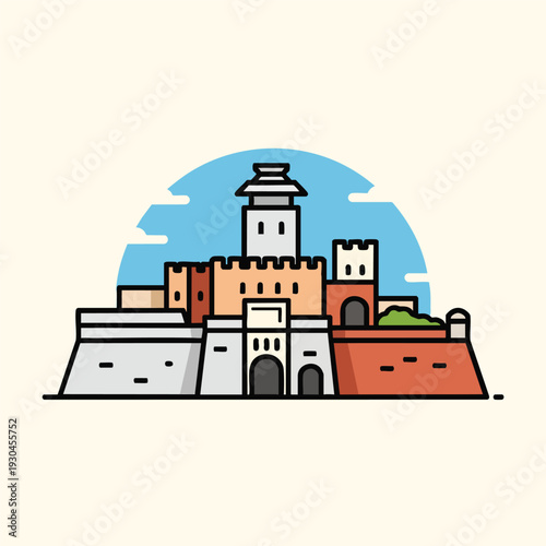 A stylized illustration depicting a fortified structure with multiple towers and gates, against a blue background. The illustration uses bold lines and bright colors
