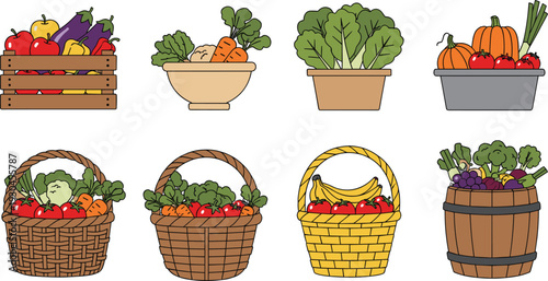 Fresh organic vegetables in baskets and crates with carrot tomato pumpkin eggplant and greens farm harvest vector set