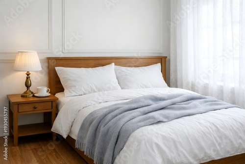 Cozy bright bedroom interior with wooden bed and bedside lamp