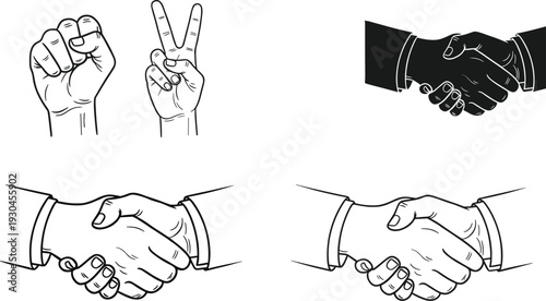 Handshake and hand gesture outline set with business agreement partnership victory sign and cooperation vector illustration