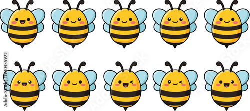 Kawaii bee cartoon collection with different facial expressions cute flying honey insect mascot vector illustration set