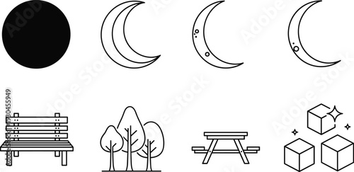 Minimal park and night outline icons with moon phases bench picnic table trees and abstract geometric cube shapes