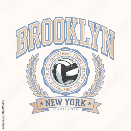 Vintage Brooklyn New York Volleyball Team Illustration - Retro Volleyball Athletic Department Graphic with Laurel Wreath and 1990 Badge - Classic Collegiate Varsity Style Apparel T-Shirt Design Art