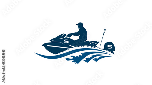 A silhouette of a person on a personal watercraft sailing through the water with abstract waves