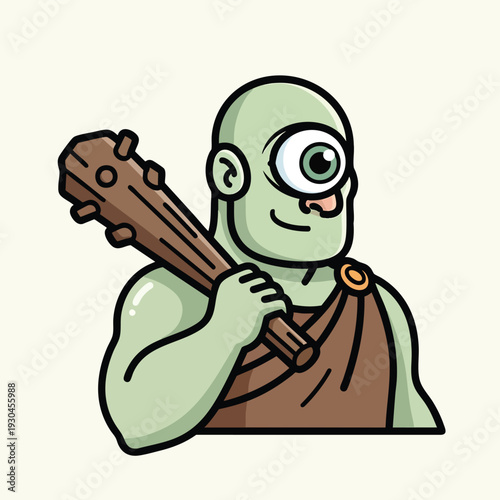 A cartoon cyclops is depicted, holding a club and wearing a simple tunic. The background is a soft beige